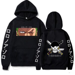 Roronoa Zoro Hoodie – Staredown Design with Jolly Roger Backprint Hoodies