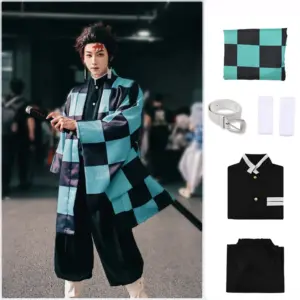 Demon Slayer Merch – Tanjiro Kamado Checkered Haori Kimono Set Cosplay